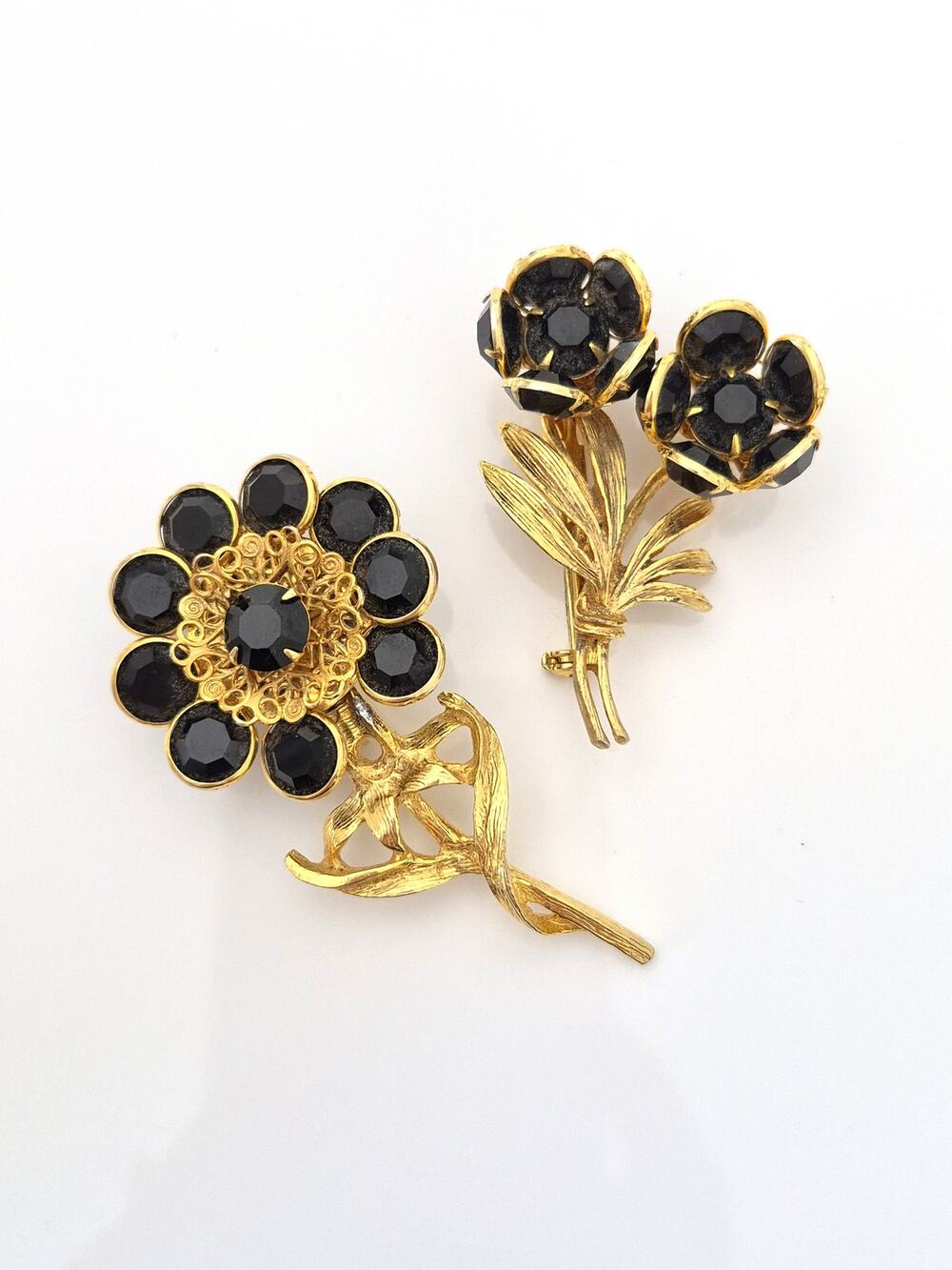 Pair of Vintage Black Crystal Rhinestone Flower Brooches